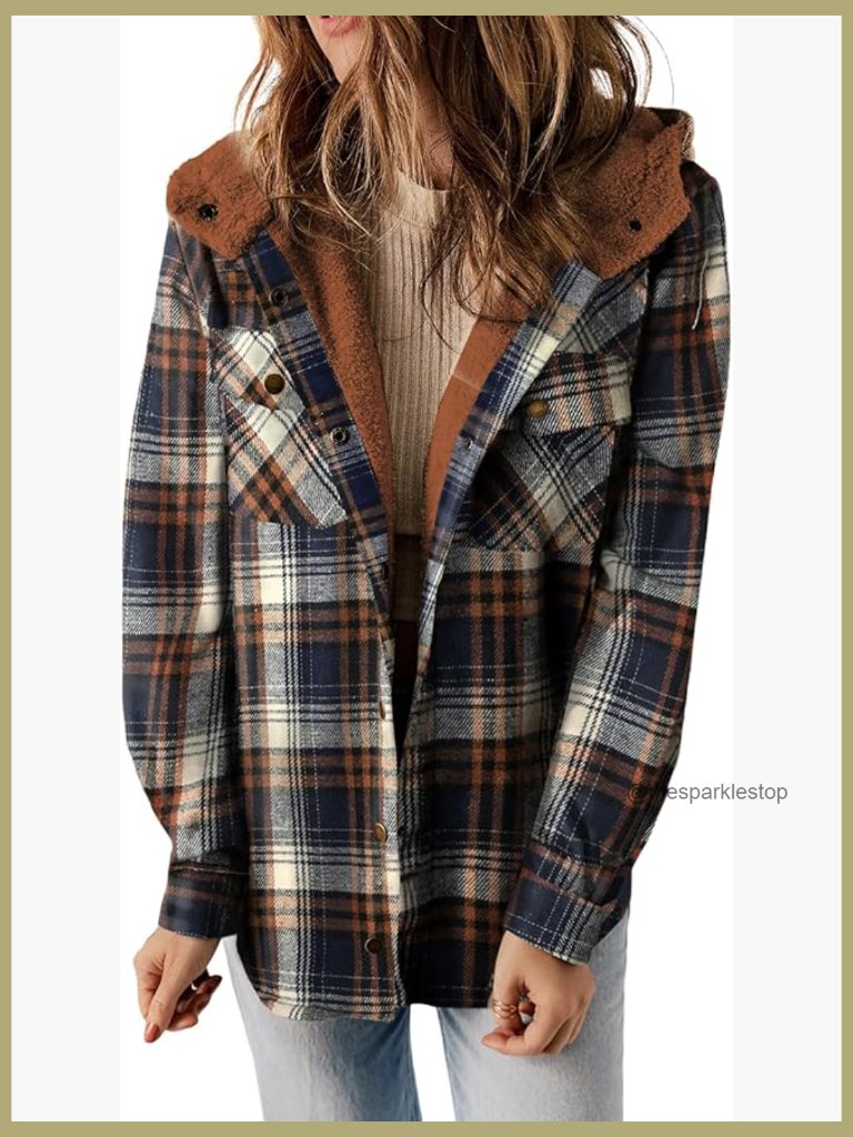 Womens Plaid Shacket Jacket Long Sleeve Button Down Fleece Hooded Coat